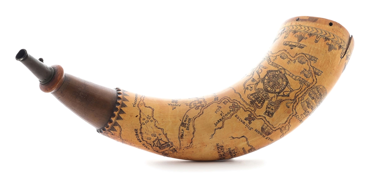 LARGE ENGRAVED FRENCH AND INDIAN WAR NEW YORK MAP POWDER HORN.