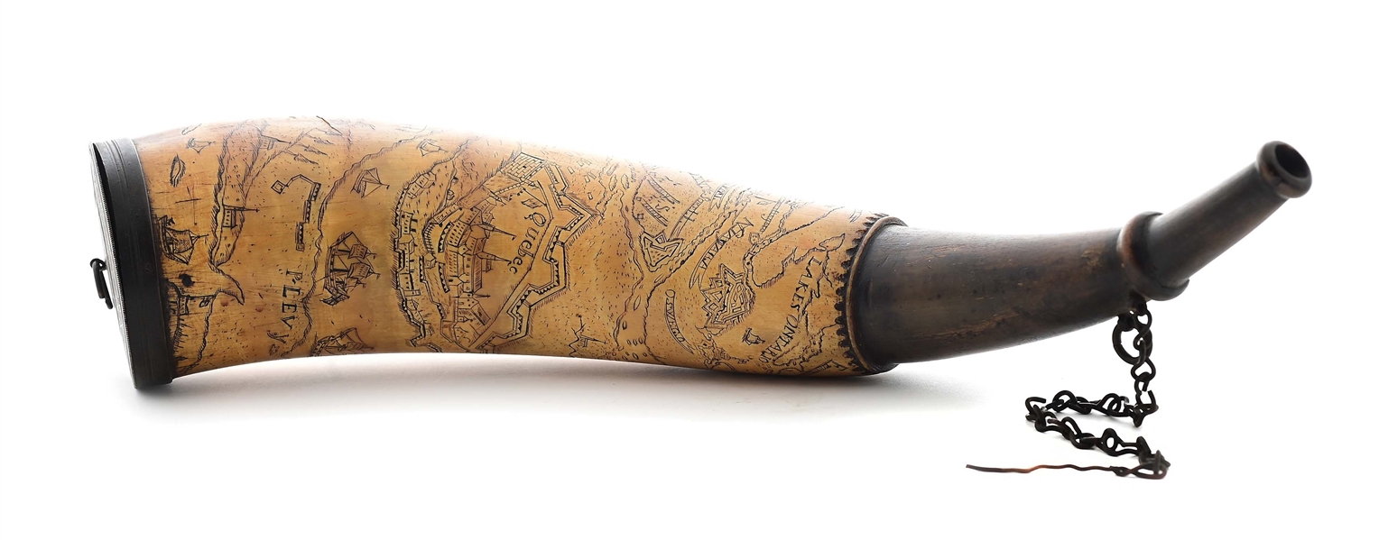 EXTENSIVELY ENGRAVED FRENCH AND INDIAN WAR MAP POWDER HORN ATTRIBUTED TO "THE MASTER CARVER".