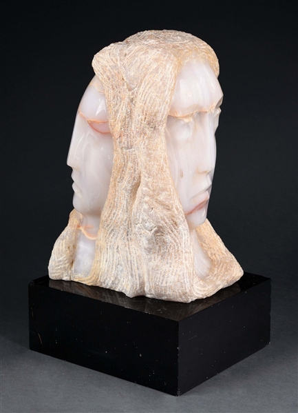 BERNARD SIMON (AMERICAN, 1896-1980) DOUBLE-FACED WOMAN ALABASTER STONE BUST ON MARBLE BASE.