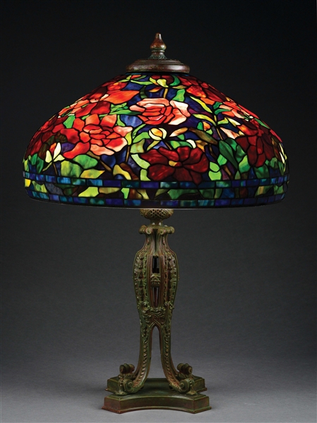 TIFFANY STUDIOS STYLE 22" PEONY LEADED GLASS LAMP.