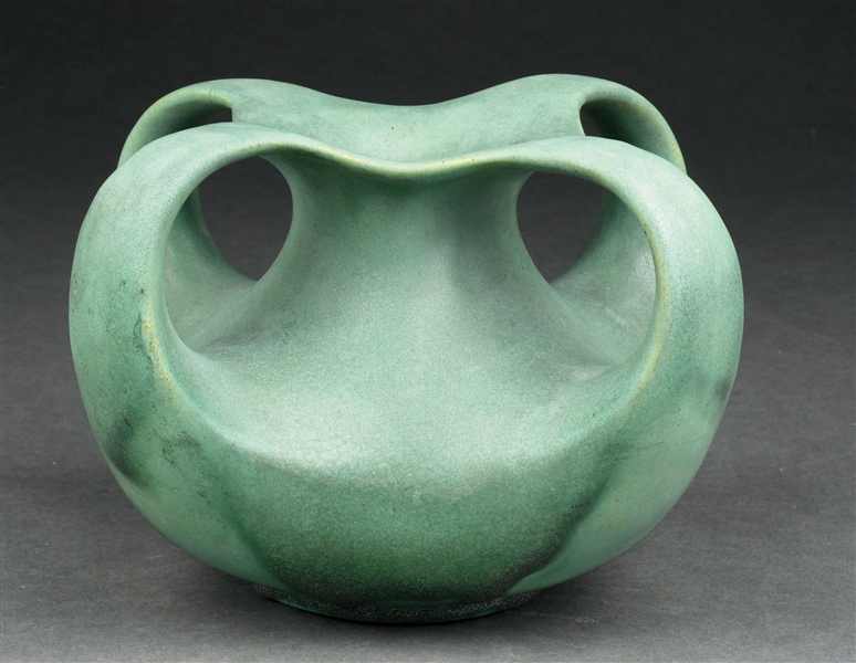 TECO POTTERY 4-HANDLED MATTE GLAZED GREEN VASE DESIGNED BY N. FORESTER.