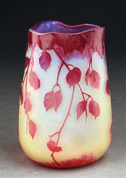 DAUM NANCY ETCHED CAMEO CUT FALL LEAVES VASE.