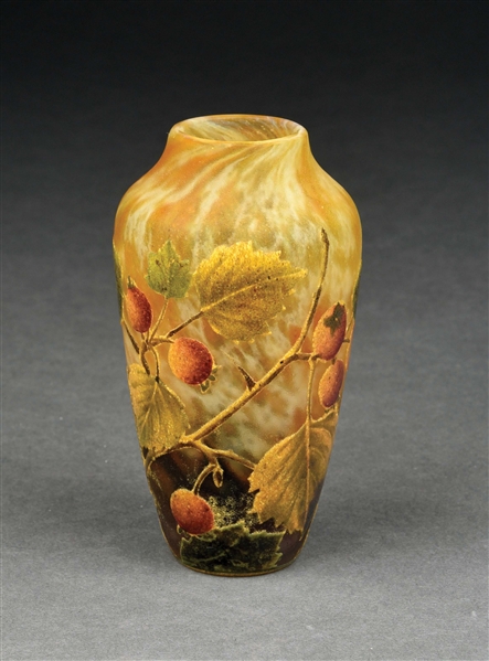 DAUM NANCY ETCHED CAMEO BERRIES AND LEAVES GLASS VASE.