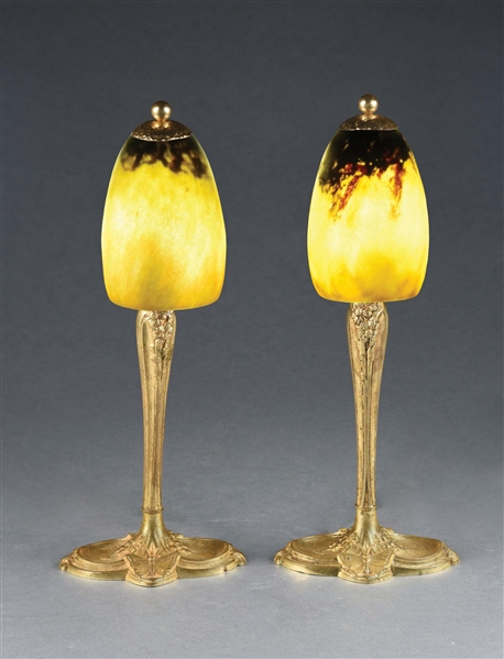 PAIR OF DAUM NANCY BOUDOIR LAMPS ON CHARLES RANC BASES.