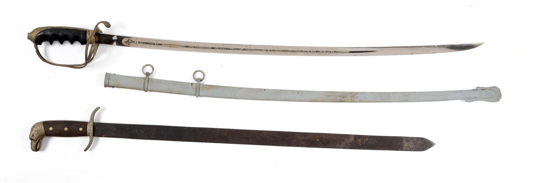 LOT OF 2: US M1902 OFFICERS SWORD AND COLLINS EAGLE HEAD MACHETE.