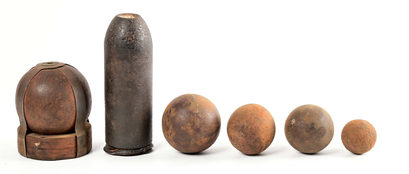 LOT OF 6: CANNON BALLS AND PARROTT ROUND.