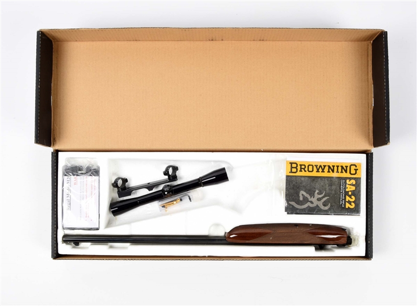 .22 SHORT BROWNING SA-22 BARREL ASSEMBLY WITH SCOPE, MOUNT, AND BOX.