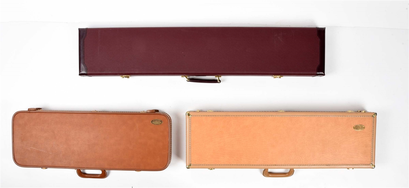LOT OF 3: LEATHER COVERED LUGGAGE STYLE HARD CASES.