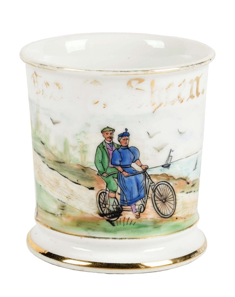 MAN AND WOMAN RIDING BICYCLE SHAVING MUG