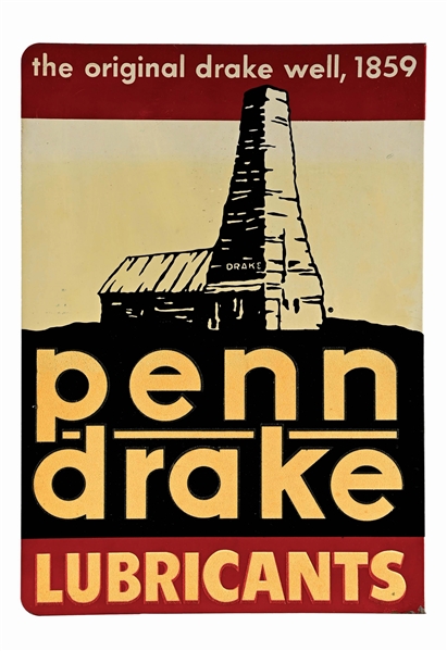 RARE PENN DRAKE LUBRICANTS TIN SERVICE STATION FLANGE SIGN W/ REFLECTIVE LETTERING. 