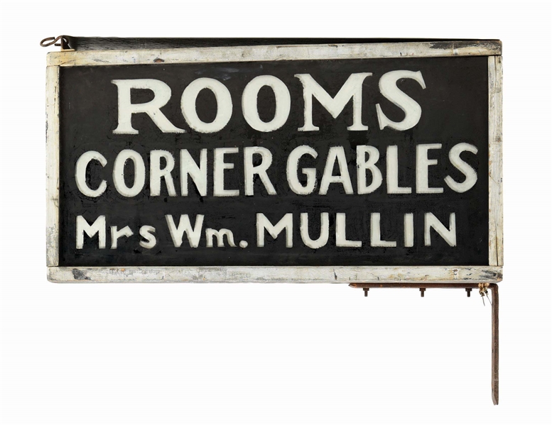 "ROOMS" REVERSE PAINTED GLASS SIGN W/ ORIGINAL WOOD DISPLAY CAN. 