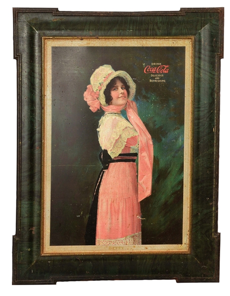 EMBOSSED COCA-COLA BETTY TIN SIGN W/ WOMAN GRAPHIC.