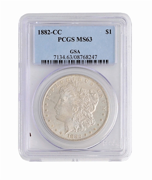 1882-CC MORGAN SILVER DOLLAR, PCGS MS63.