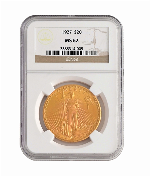1927 ST. GAUDENS $20 GOLD COIN, ANA MS62. 