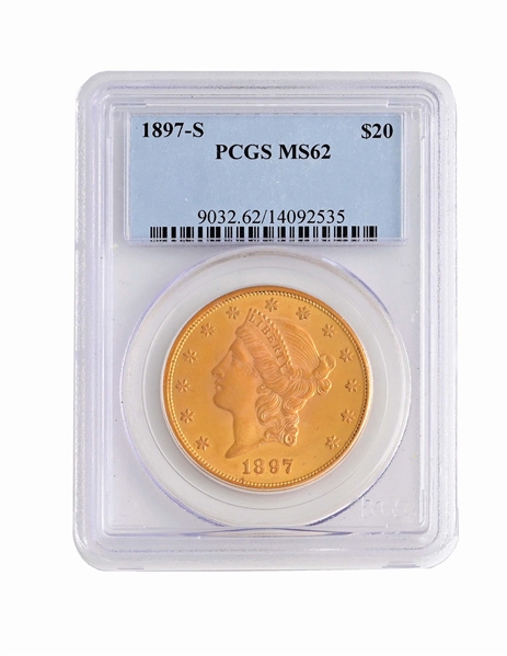 1897-S $20 LIBERTY GOLD COIN, PCGS MS62.