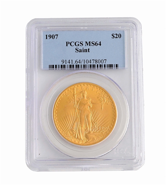 1907 ST. GAUDENS $20 GOLD COIN, PCGS MS64.