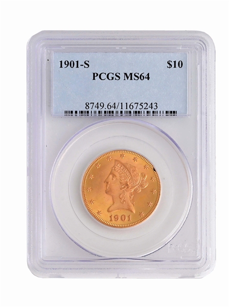 1901-S LIBERTY $10 GOLD COIN, PCGS MS64.