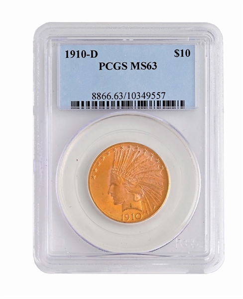 1910-D $10 INDIAN GOLD COIN, PCGS MS63.