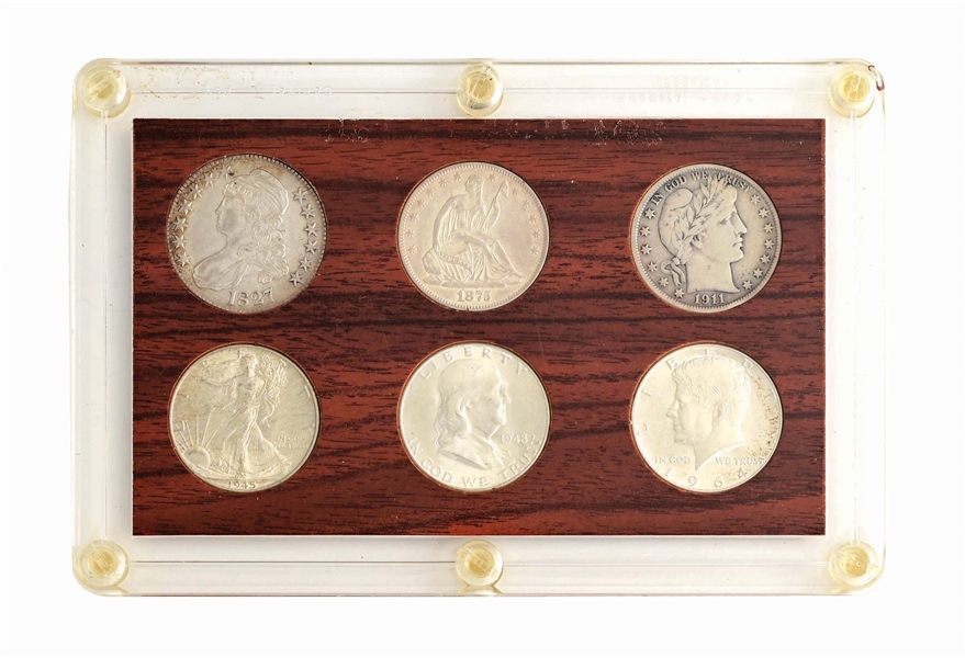 LOT OF 6: HALF DOLLARS IN PLASTIC HOLDERS, ALL RAW.