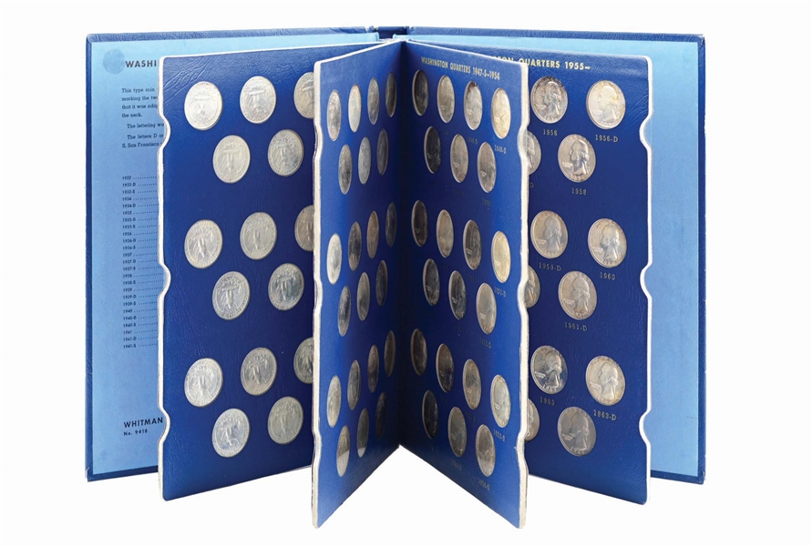 COMPLETE SET OF 84 WASHINGTON QUARTERS IN ALBUM, 1932 - 1965, AU/BU.