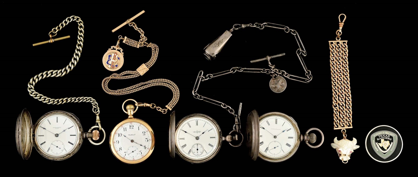 LOT OF 6: 4 POCKET WATCHES, WATCH CHAIN AND MEDAL.