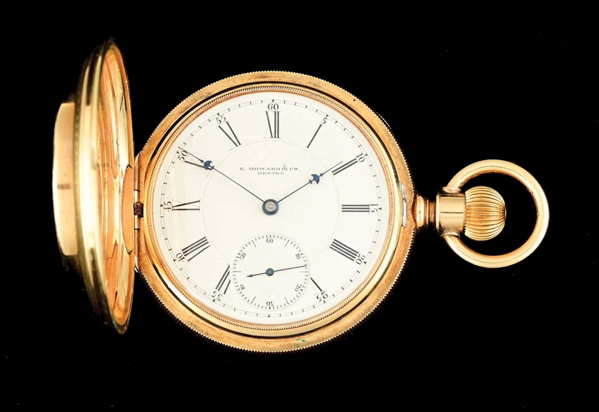 14K E. HOWARD & CO. GOLD QUARTZ & RED MOSS AGATE INLAID H/C POCKET WATCH, CIRCA 1883.