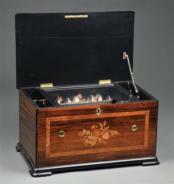 CYLINDER MUSIC BOX WITH BELLS AND 3 STRIKERS IN TIGER OAK INLAID BOX.