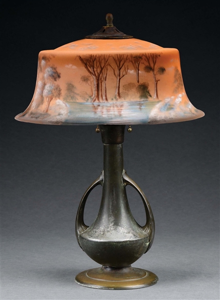PAIRPOINT REVERSE PAINTED TABLE LAMP W/ SNOW SCENE.
