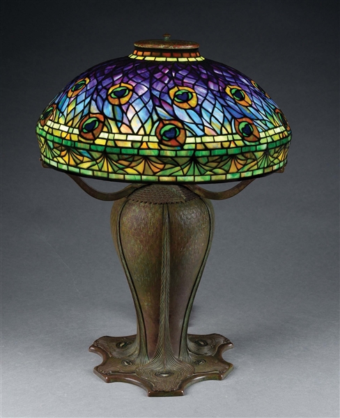 TIFFANY STUDIOS PEACOCK LEADED GLASS TABLE LAMP.