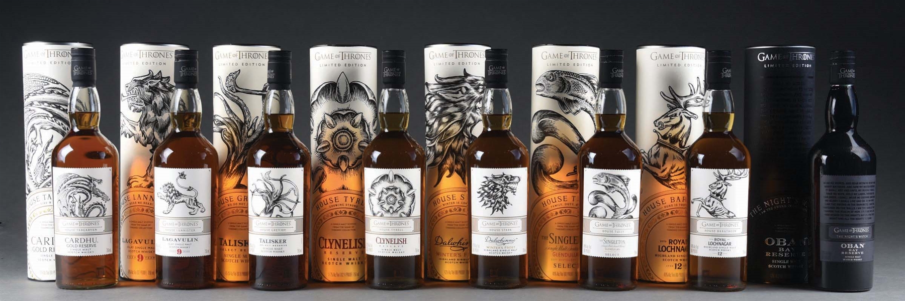 GAME OF THRONES 8-BOTTLE SET, 1 EACH: CARDHU, CLYNELISH, DALWHINNIE, GLENDULLAN, LAGAVULIN, OBAN, ROYAL LOCHNAGAR & TALISKER