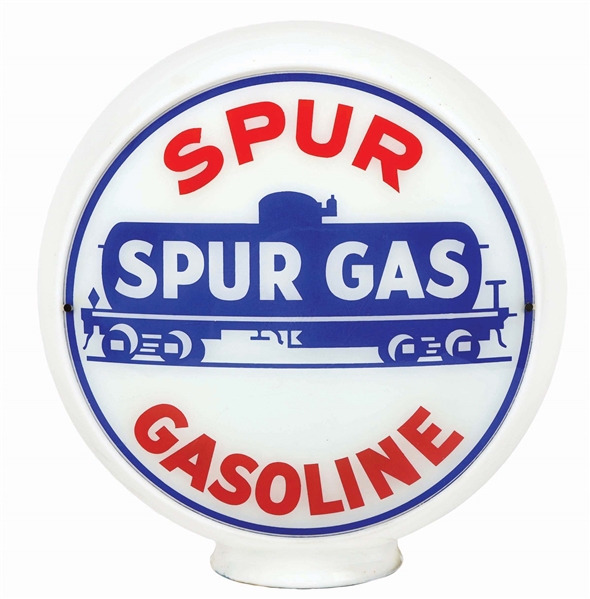 SPUR GASOLINE SINGLE 13.5" GLOBE LENS ON WIDE MILK GLASS BODY.