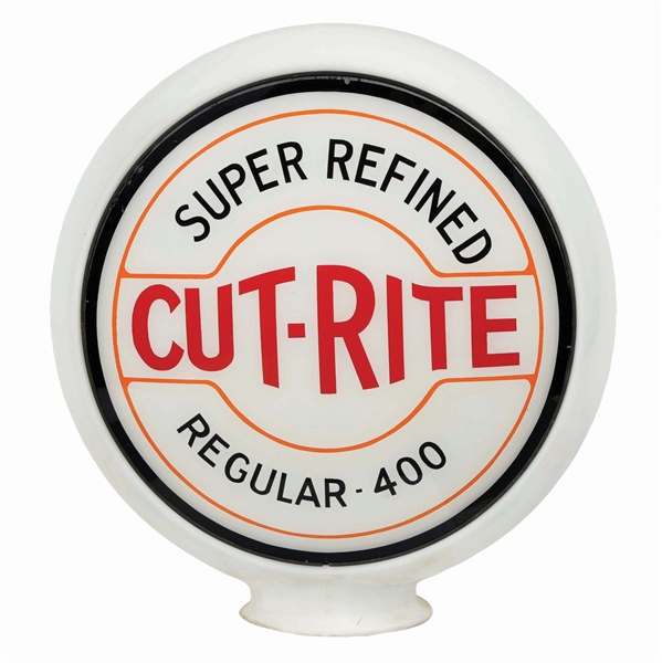 SUPER REFINED CUT-RITE REGULAR-400 GASOLINE SINGLE 14" GLOBE LENS ON BANDED MILK GLASS BODY.