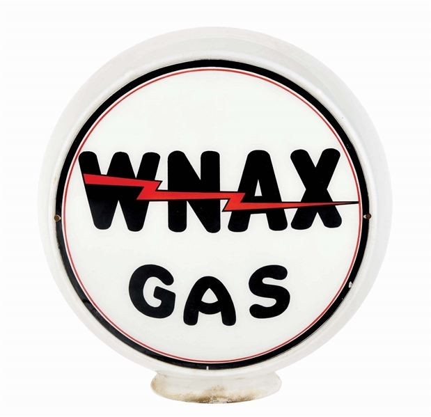 WNAX GAS COMPLETE 13.5" GLOBE ON WIDE MILK GLASS HULL BODY.
