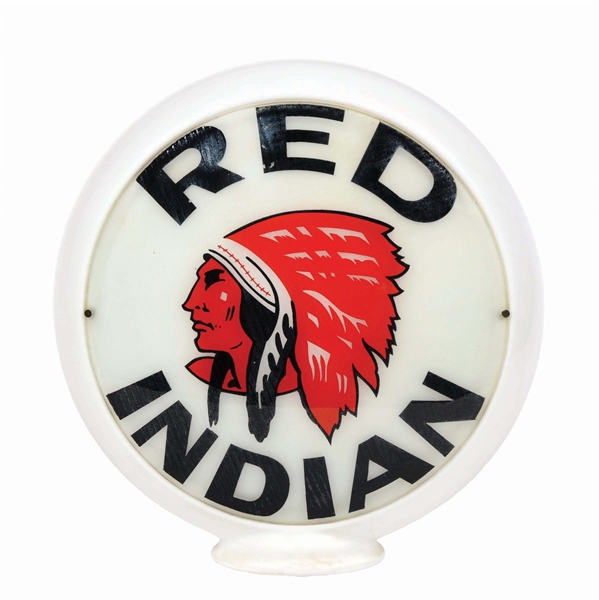 RED INDIAN GASOLINE SINGLE 13.5" GLOBE LENS ON NARROW MILK GLASS BODY. 