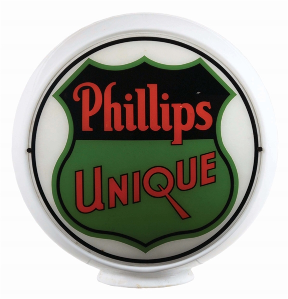 N.O.S. PHILLIPS UNIQUE GASOLINE 13.5" SINGLE LENS ON WIDE MILK GLASS BODY. 