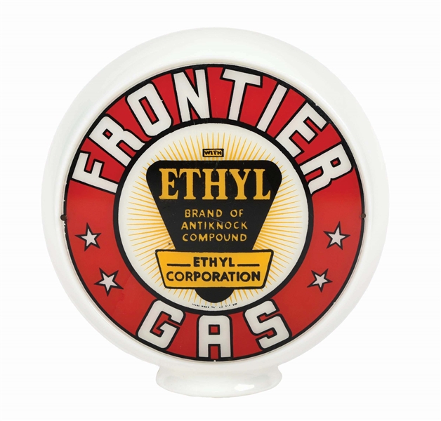 FRONTIER ETHYL GAS SINGLE 13.5" GLOBE LENS ON WIDE MILK GLASS BODY. 