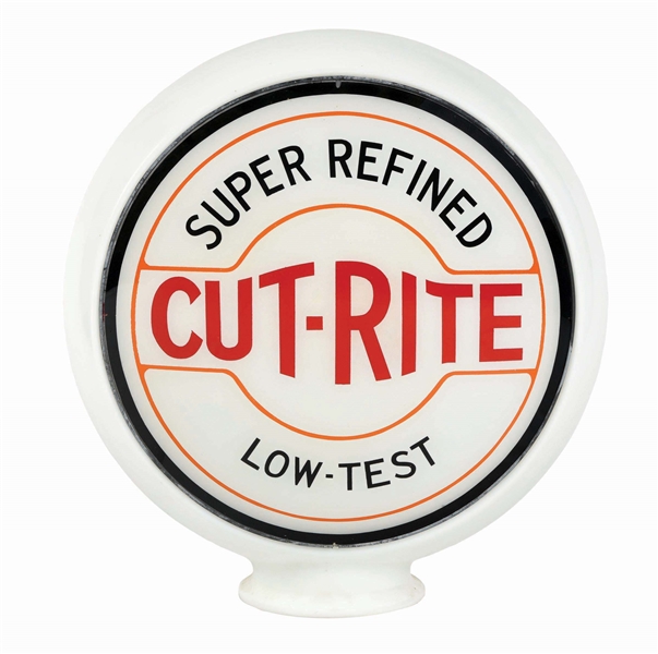 SUPER REFINED CUT-RITE LOW TEST GASOLINE SINGLE 14" LENS ON BANDED MILK GLASS BODY. 