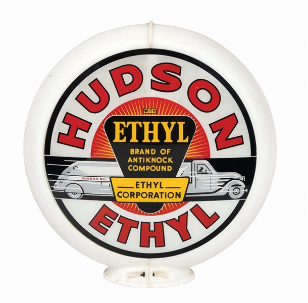 HUDSON ETHYL GASOLINE SINGLE 13.5" GLOBE LENS ON WHITE CAPCO BODY.