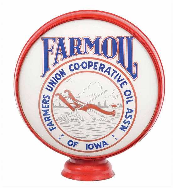 FARMERS UNION FARMOIL GASOLINE SINGLE 15" GLOBE LENS ON METAL LOW PROFILE BODY.