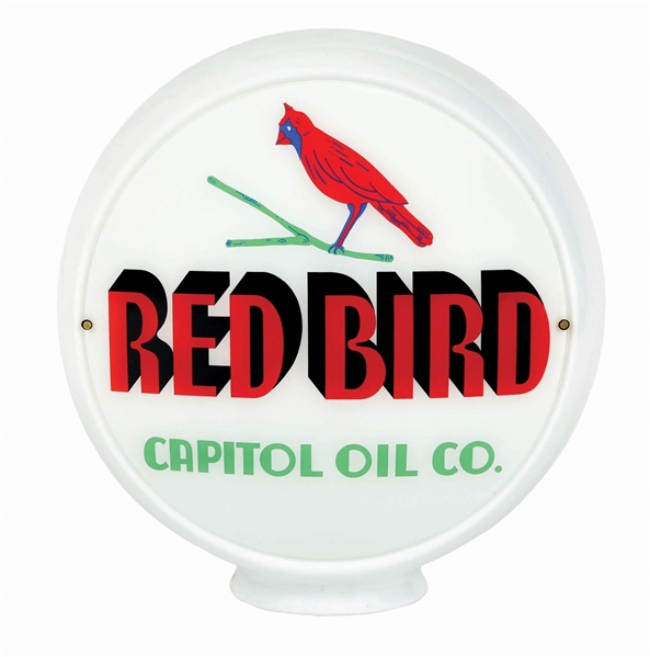 RED BIRD GASOLINE SINGLE 13.5" GLOBE LENS ON WIDE MILK GLASS BODY.