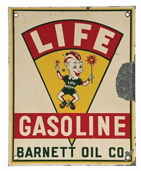 LIFE GASOLINE TIN PUMP SIGN W/ ELF GRAPHIC. 