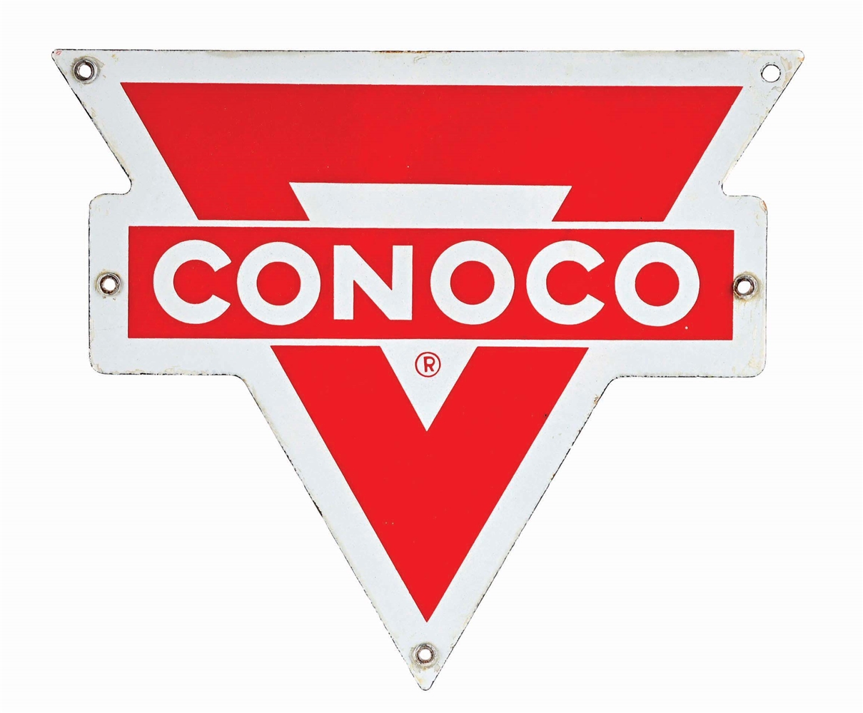CONOCO GASOLINE PORCELAIN TRIANGLE PUMP PLATE SIGN. 