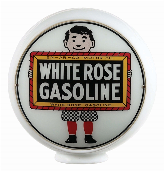 WHITE ROSE GASOLINE COMPLETE 13.5" GLOBE ON WIDE MILK GLASS BODY W/ ORIGINAL SHIPPING BOX.