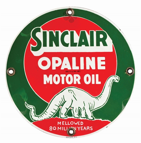 SINCLAIR OPALINE MOTOR OIL PORCELAIN SIGN W/ DINO GRAPHIC. 