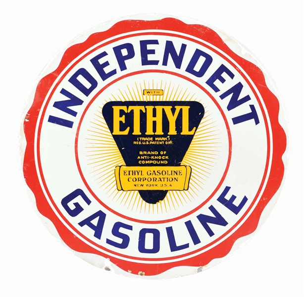 INDEPENDENT GASOLINE W/ ETHYL PORCELAIN SIGN.