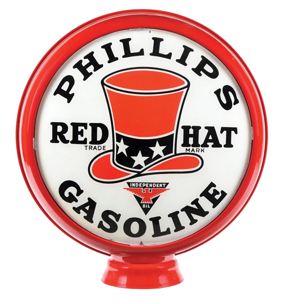 RARE PHILLIPS RED HAT GASOLINE 15" GLOBE LENS ON METAL H.P. BODY.