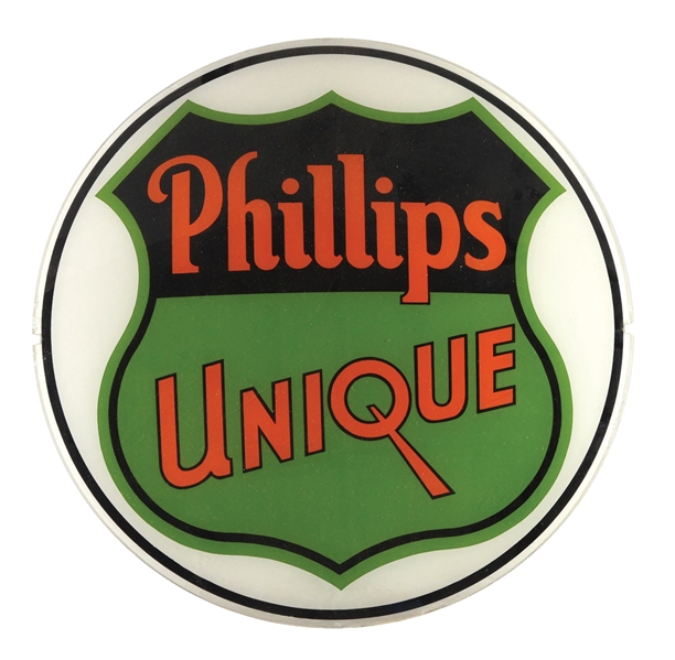 PHILLIPS UNIQUE GASOLINE SINGLE 13.5" GLOBE LENS W/ SHIELD GRAPHIC. 