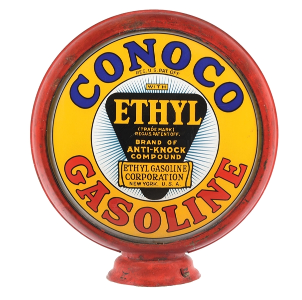 CONOCO ETHYL GASOLINE 15" SINGLE GLOBE LENS ON ORIGINAL H.P. METAL BODY. 