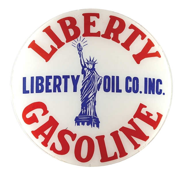 LIBERTY GASOLINE 15" SINGLE GLOBE LENS W/ STATUE OF LIBERTY GRAPHIC. 