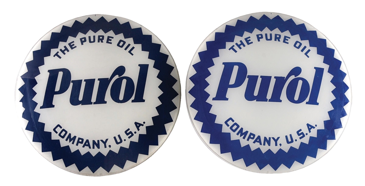 SET OF TWO: PUROL GASOLINE 15" GLOBE LENSES.